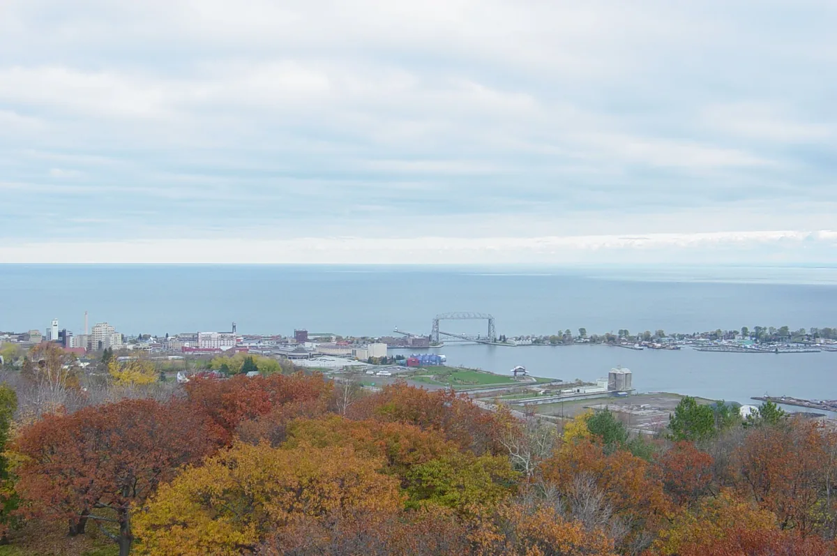 Duluth's harbor and the Aerial Lift Bridge in fall, seen from Enger Tower